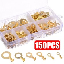 150 PCS Ring Crimp Terminal Kit - Gold Brass Electrical Connectors for Wiring