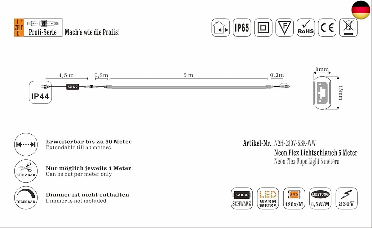 LEDZEIT - Profi Serie - LED Neon Flex Lichtstreifen 10m, Außen und Innen, Licht Strip, Lichtband, Warmweiß, 120LED/M, SMD2835, IP65, Dimmbar, Erweiterbar, Flexibel, Biegsam, für Treppe, Wand, Decke