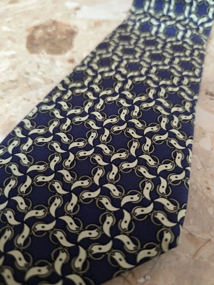 Corbata de seda para hombre HERMES 7420 HA FRANCIA de lujo ecuestre azul/gris usada en excelente estado rara Foto 2 de 4