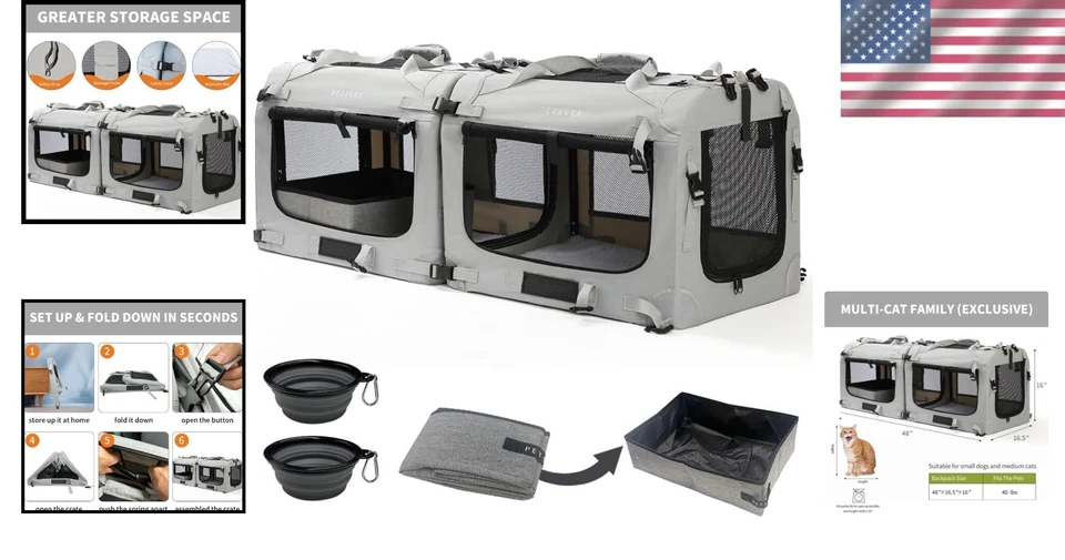 Porta-gatos grande de luxo com tigelas e caixa de areia - Imagem 2 de 4