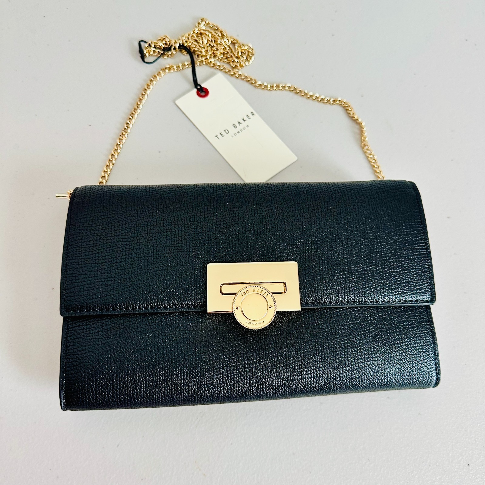 TED BAKER LONDON BLACK PEBBLED LEATHER WALLET ON CHAIN CROSSBODY BAG