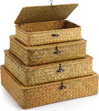 4-Piece Yellow Seagrass Basket Set with Lids for Stylish Storage Solutions
