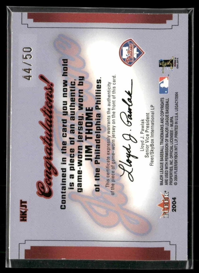 2004 Fleer Legacy #HK/JT Jim Thome Hit Kings Patch Gold #/50 - Image 2 of 2