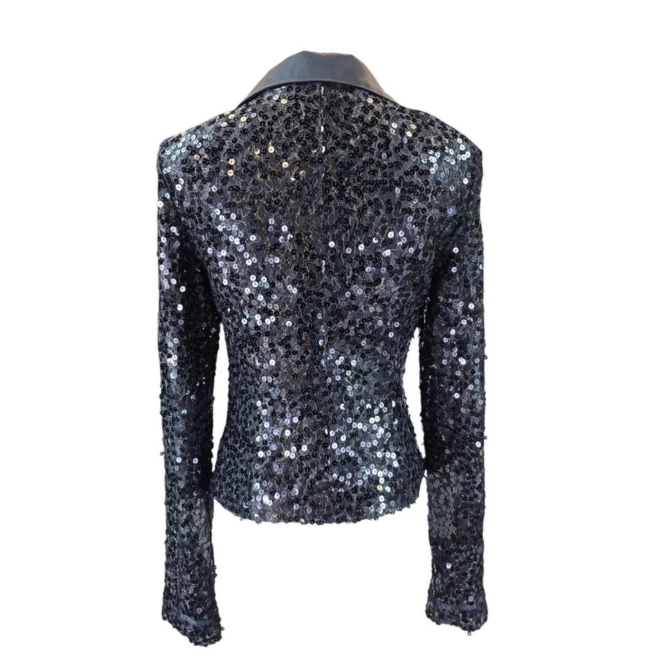Bebe Sequin Short Blazer Women's S Black Evening Cocktail Party Satin Collar Y2K - Image 3 of 4