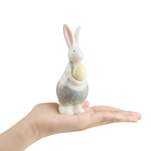 Ceramic Bunny Figurine Easter Bunny Decorations White C-Small Overalls and Egg - Picture 3 of 6