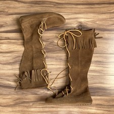 Minnetonka Moccasin Boots Women's Size 7 Fringe Suede Tall Western Boho Leather