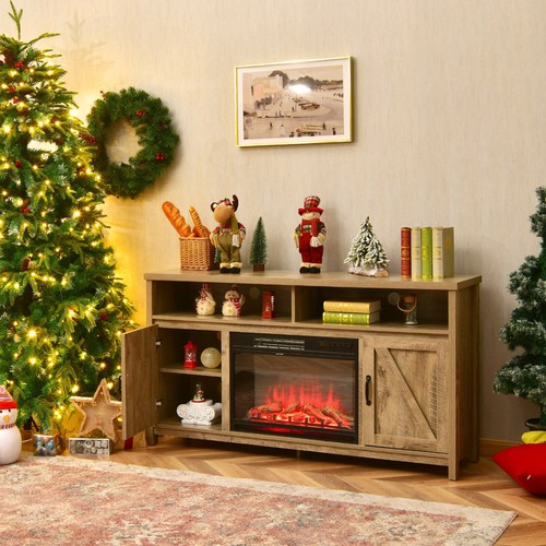 59" Fireplace TV Stand W/ 25" 1350W Electric Fireplace Heater Natural - Picture 3 of 10