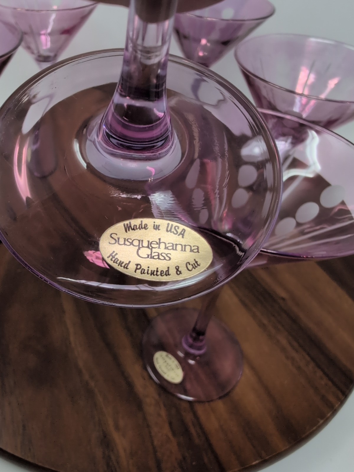 6 Made In USA Susquehanna Amethyst Purple Martini Glasses Hand Painted & Cut 
