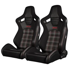 Braum Black/Red Plaid Fabric ELITE-S Racing Seats w/ Black Leatherette -Pair