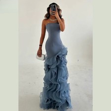 Dusty Blue Strapless Mermaid Gown 3D Ruffle Tulle Floor Length Evening Dress