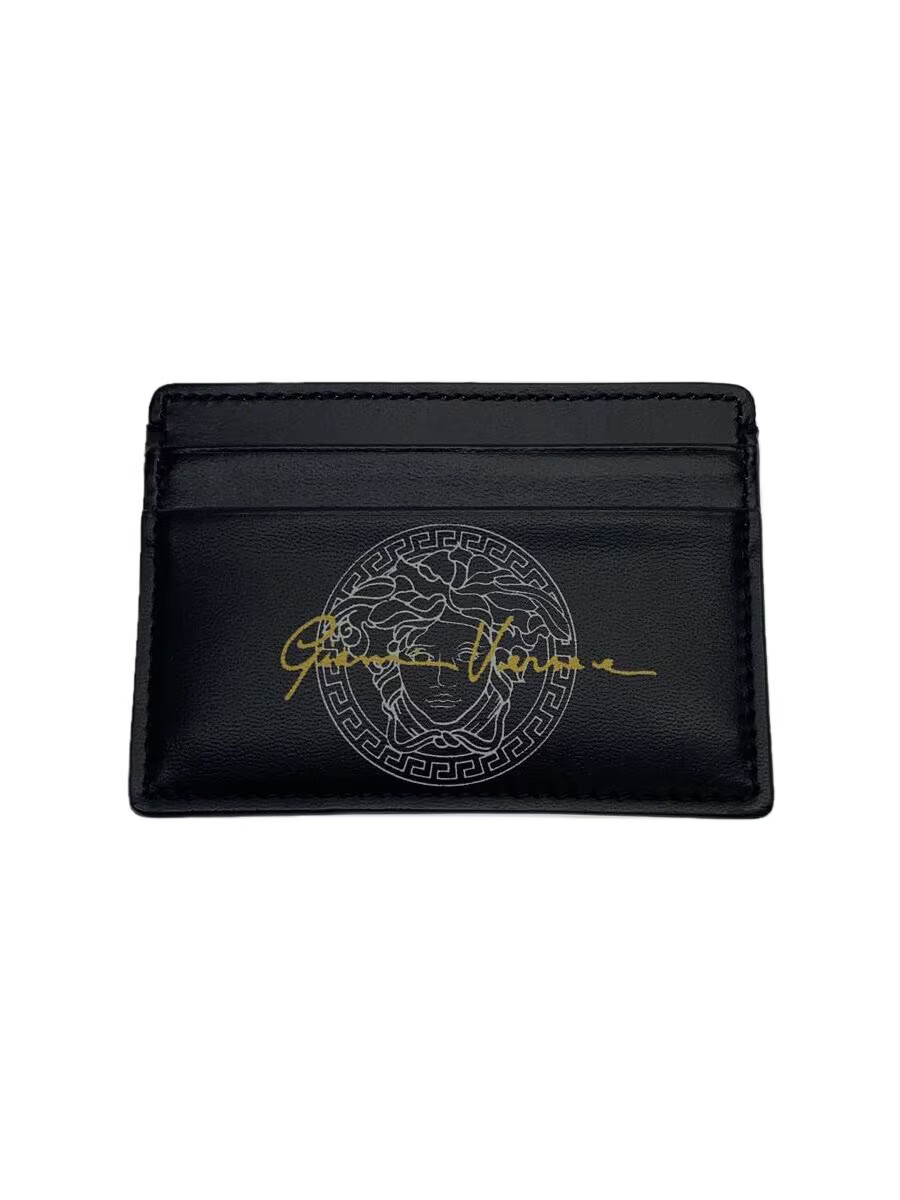 VERSACE Card Case Leather Black Print Men's