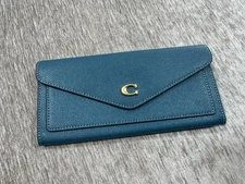 Coach Deep Turquoise Crossgrain Texture Leather Wyn Envelope Wallet Blue Gold