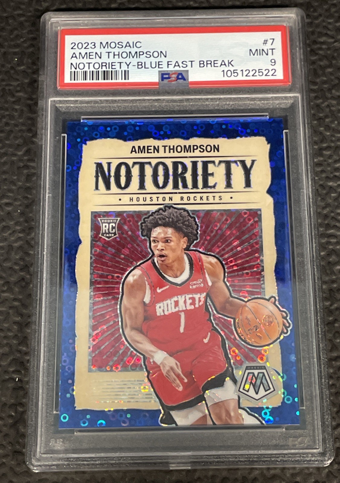 2023 Mosaic- Amen Thompson #7 Notoriety Blue Fast Break Prizm /85 (RC) PSA 9