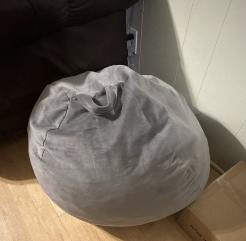 Gray Round Bean Bag Chair, Solid Fabric, Adult Living Room, 1-Seater