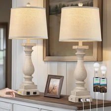 28" Tall Farmhouse Table Lamps Set of 2 with USB C+A Ports and AC Outlet, 3 W...