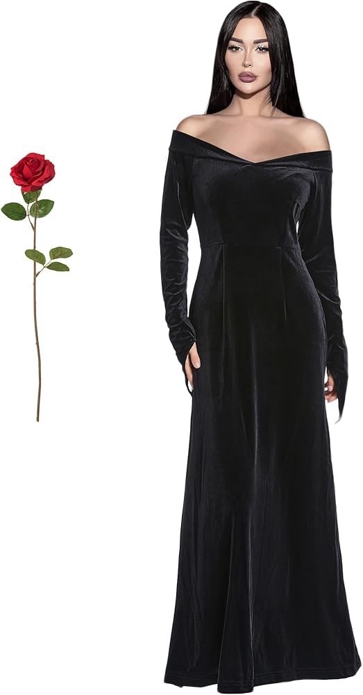 morticia addams black dress Inspired Long Sleeve Off-the-shoulder Floor Length Evening Gown Costume Crushed Velvet Made to Measure 1950s and an eye Morticia Addams Inspired Beaded Black