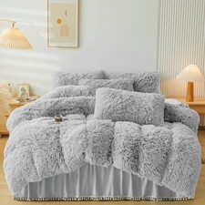 Fluffy Comforter Cover Set - Fuzzy Plush Bedding 4Pcs 1 Faux Fur Queen Gray