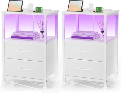 2er Set Nachttisch mit Ladestation 40cm breit Nachttisch Beistelltisch für Schlafzimmer