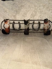 Western Cowboy Boot Hooks Wall Hanging 16.5" W 4.5" H 3" D 3 Boots 2 Horseshoes