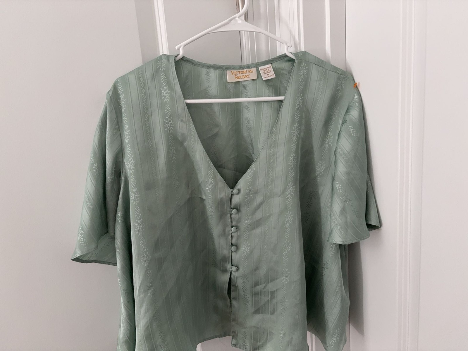 Vintage Victoria's Secret Sage Green Satin Floral Stripe Button Blouse SZ M