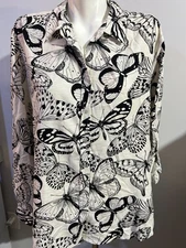 Jane Delancey Women Large Top Blouse White Black Butterflies Linen Blend New NWT
