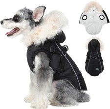 PINA Dog Coat with Built in Harness, Dog Jacket with Faux Fur Hood, Dogs Vest