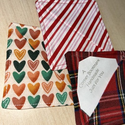 Set Of 3 Cotton Bookmark Corners - Red Stripe/Red Tartan/Hearts New