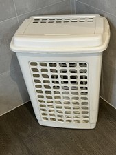 Vintage CURVER Tall White Laundry Basket Hinged Lid Film Theatre Prop Retro Bin