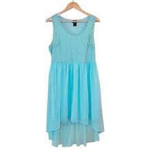 Vintage Y2K Deb Dress Womens Size L Blue Floral Lace Hi Low Easter Pastel