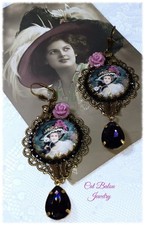 Ohrringe Vintage Belle Époque Antik Rose Violett Lila Bronze Straß Handmade