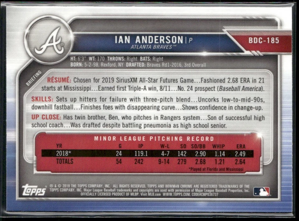 2019 Bowman Draft Sapphire Edition #BDC-185 Ian Anderson - Image 2 of 2