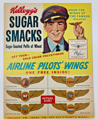 Vtg Kellogg's Sugar Smacks Cereal Front Factory Cut Airline Pilots Wings 1950