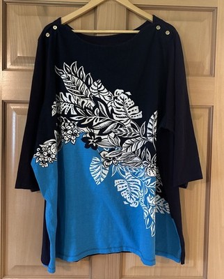 Jessica London Tropical Tunic Top Blouse Navy Cerulean Palm Fronds 3X