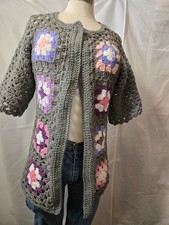 New Handmade Crocheted Granny Square Cardigan Sweater Open Front short sleeve