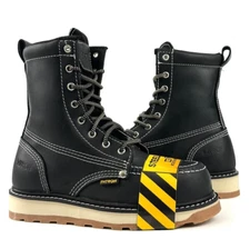 MENS 8' GENUINE LEATHER MOC TOE SAFETY BLACK WATERPROOF BOOTS STEEL TOE