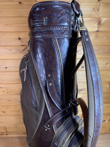 Titleist Brown Cart Staff Bag Leather & Canvas 6 Way Divider, Rain Cover & Strap - Picture 3 of 18