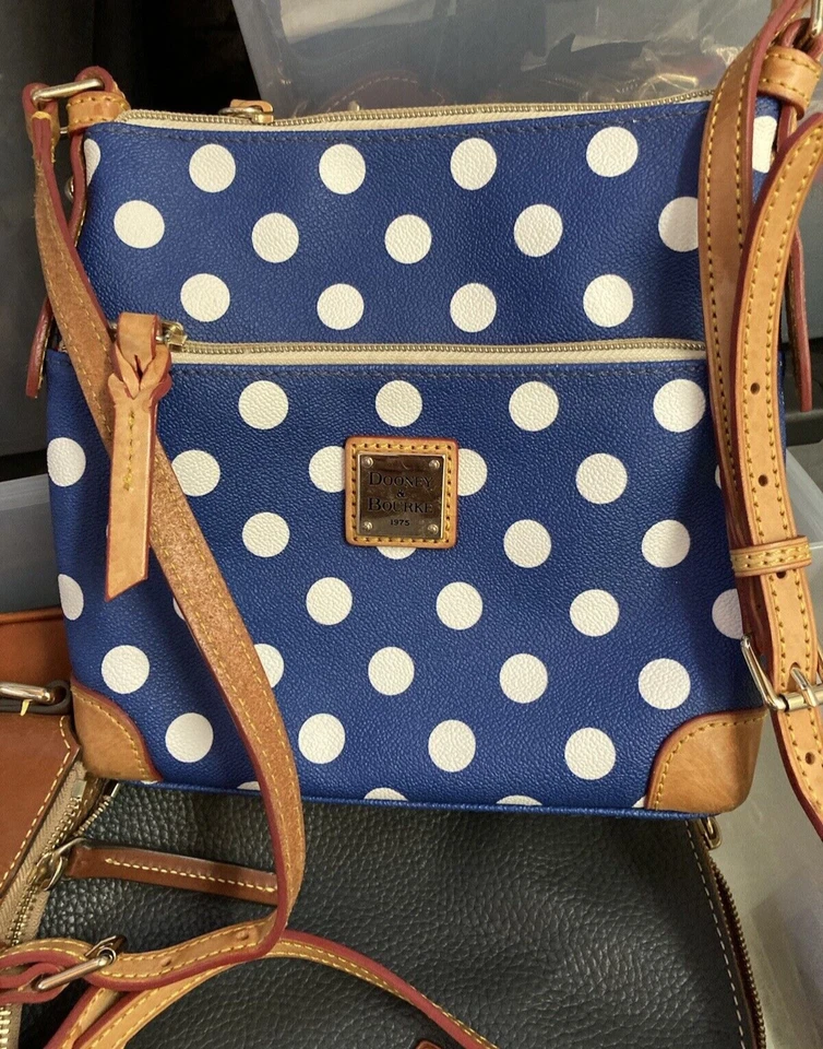 Dooney Bourke Blue White Polka Dot & Leather Crossbody Letter Carrier Bag - Image 3 of 4