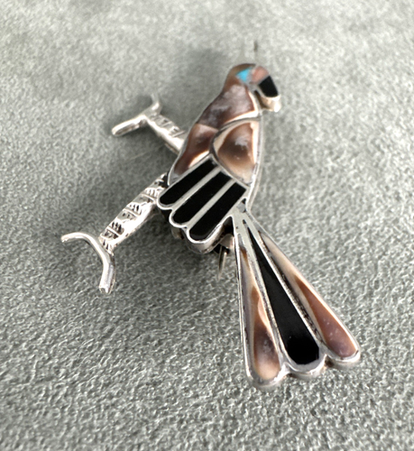 Old Pawn Roadrunner Pin Cowry Shell Turquoise Jet Inlay Sterling Hand Stamped - Picture 4 of 9