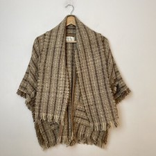 Vtg Brown Cardigan Blanket Jacket Hand Woven 100% Wool Knit Fringe & Scarf