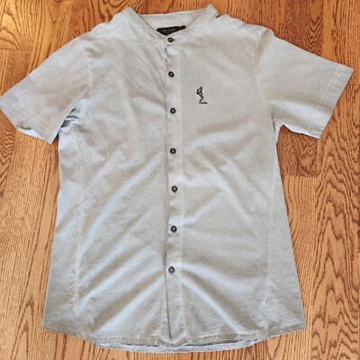Religion Clothing Gray Button Up Down Shirt Praying Kneeling Skeleton Size Small