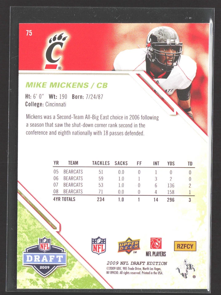 Mike Mickens 2009 Upper Deck Draft Edition Green #75 SN #/350 Bearcats - Image 2 of 2