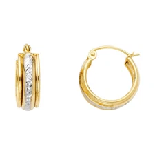 Ioka - 14K Two Tone Gold Diamond Cut Stamp Huggies Hinged Earringsrings