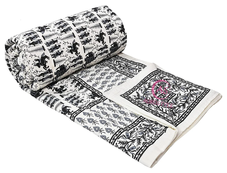 Colcha acolchada hecha a mano floral de algodón indio Jaipuri Razai Foto 3 de 4