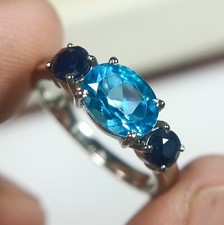 Natural Blue Topaz Ring 925 Sterling Silver, Side Stone Sapphire All Size Av