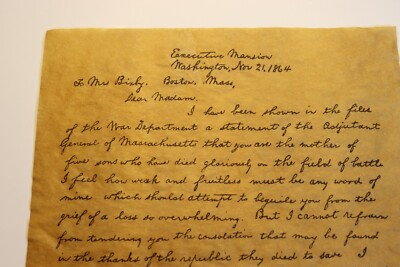 VTG Abe Lincoln's Letter Nov 21 1864 Mother of Five Sons Died Repro 1960s