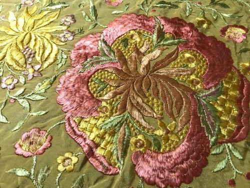 ATQ Chinese Embroidery Long Fringe Rose Flower Green Silk Piano Shawl Tablecloth - Picture 6 of 12