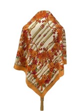 Vintage Italian Silk Scarf Floral Buckle Belt Print Orange Gold Border A124