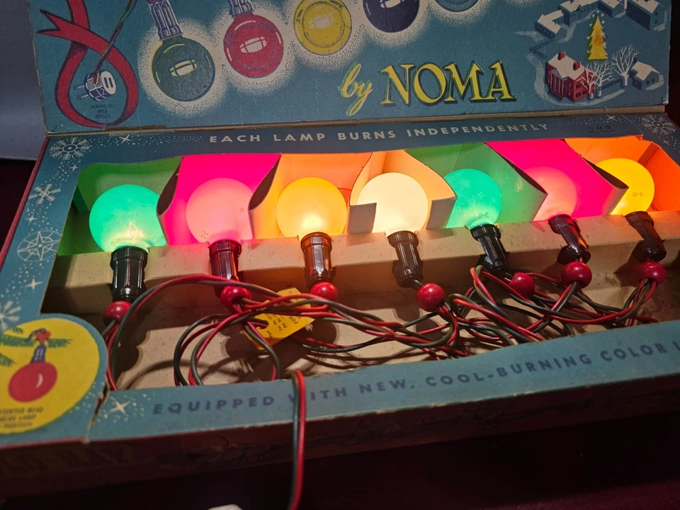 Juego de caja de luces Noma Glo-Ray vintage hilo de luz con 7 bombillas redondas GE cuentas rojas Foto 4 de 4