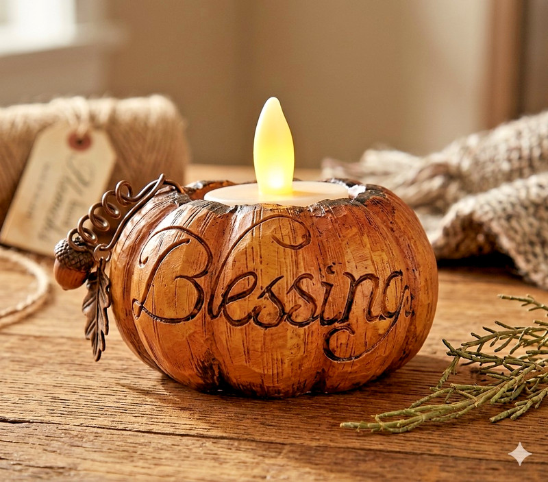 Blessings Rustic Pumpkin Candle Holder Halloween Succulent Autumn Wiccan Decor