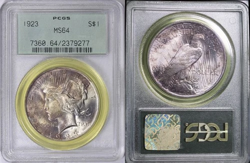 1923-P PCGS MS64 (OGH) PEACE $$ NICE VIBRANT RAINBOW TONING  **